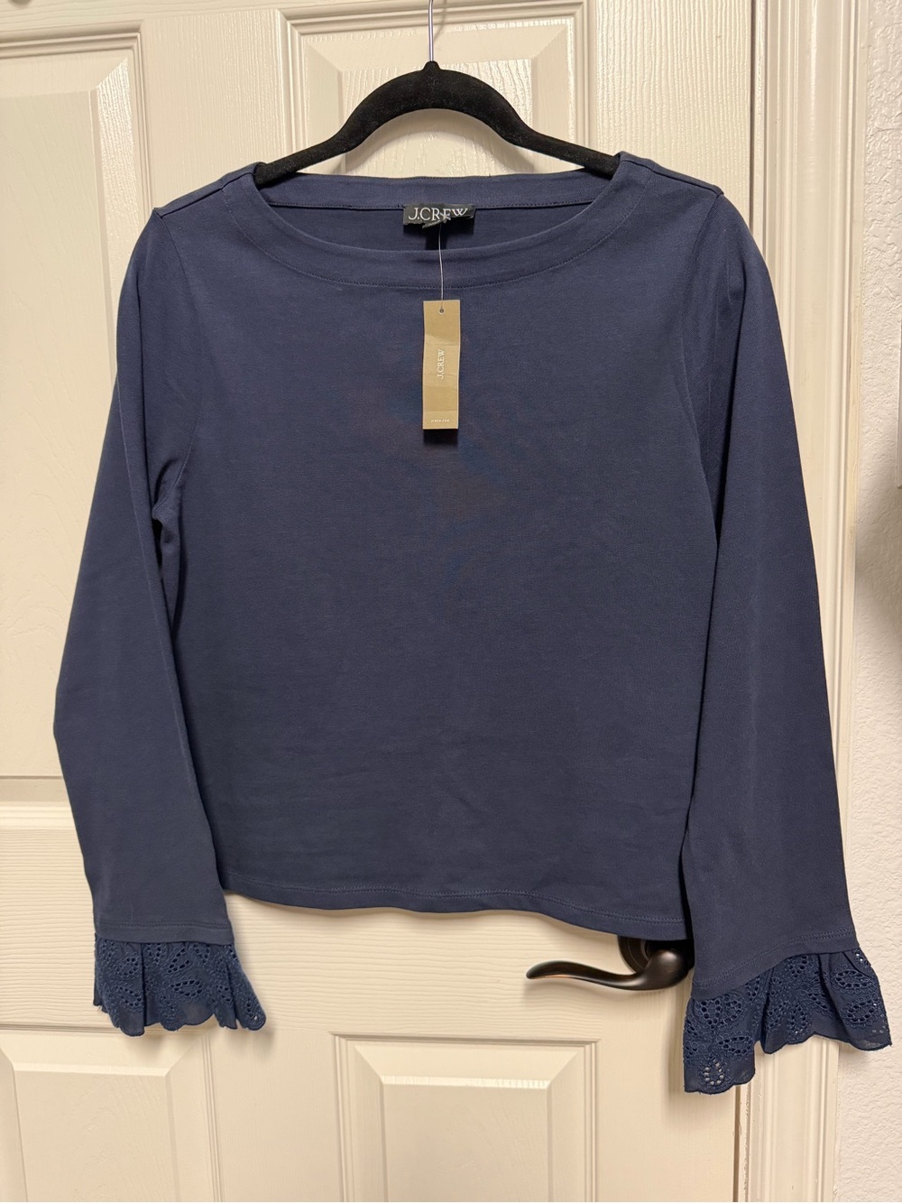 J. Crew Navy Blue Long-Sleeve Tee with Lace Trim Cuffs